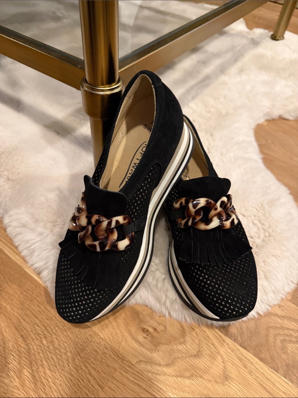 Black Slip-On Fringe Loafer platform with Tortoiseshell Chain Accent